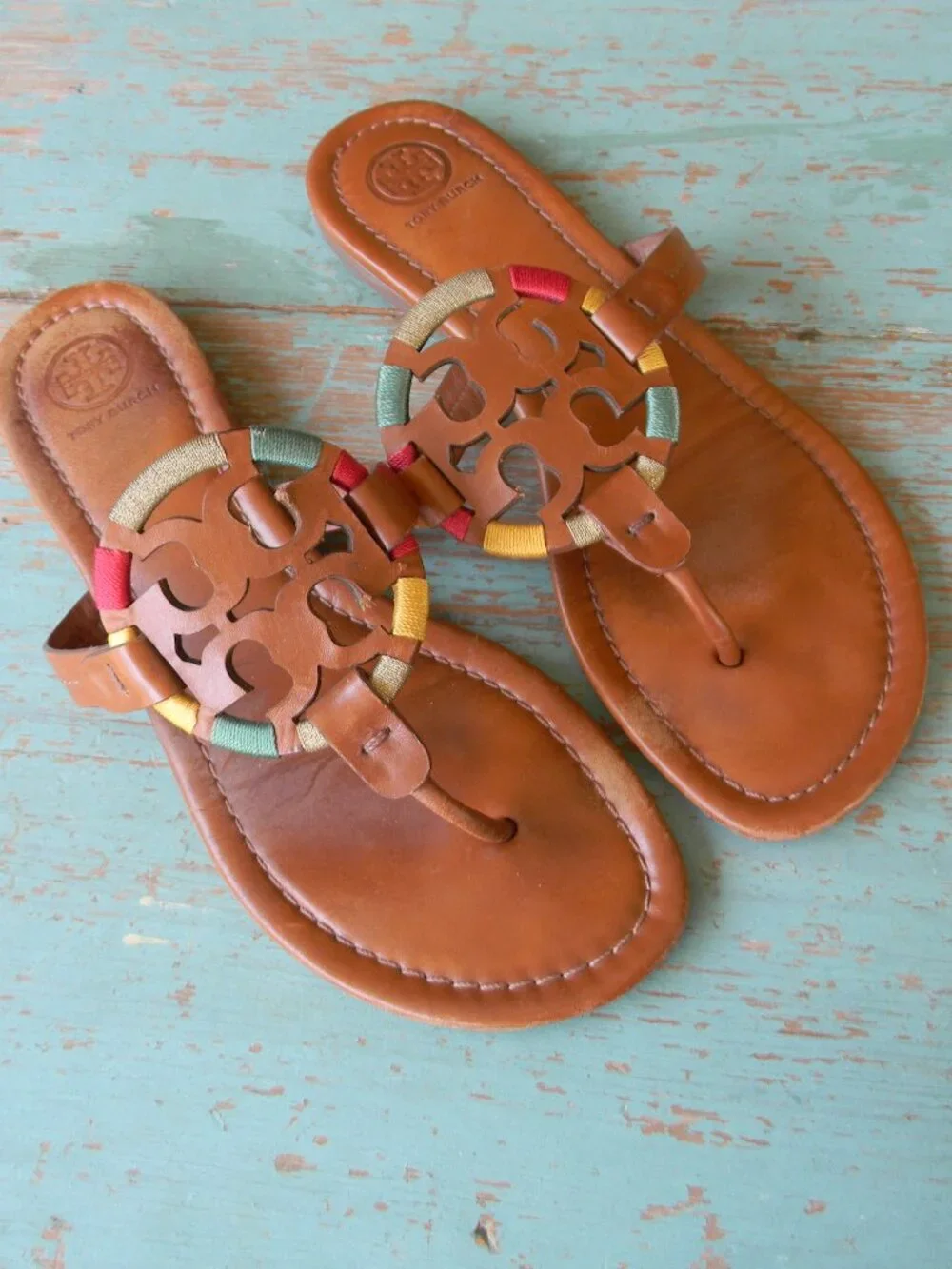 Tory Burch Embroidered Rainbow BROWNLEATHER Miller Sandals  Size 9M